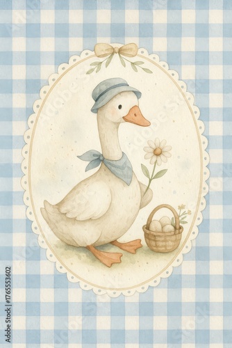 Easter Goose with Basket on Blue Gingham