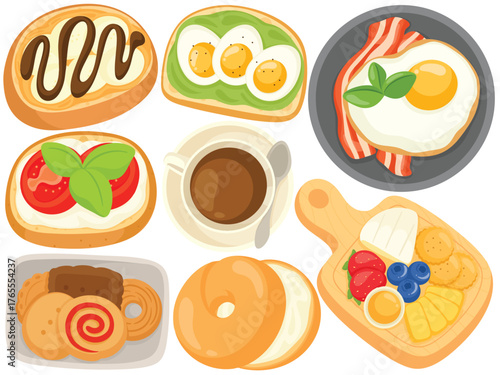 Vector Breakfast Food Clip Art Set Morning Meal Fried Egg Bacon Avocado Toast Bagel Coffee Illustration Isolated on White Background Graphic