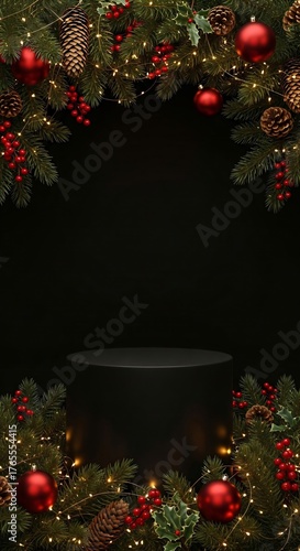 Christmas podium with pine branches, red baubles, pinecones and fairy lights on black background, festive product display