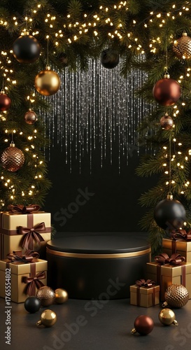 Christmas black and gold podium with fir branches, festive baubles, garlands, and gift boxes, luxury winter holiday background