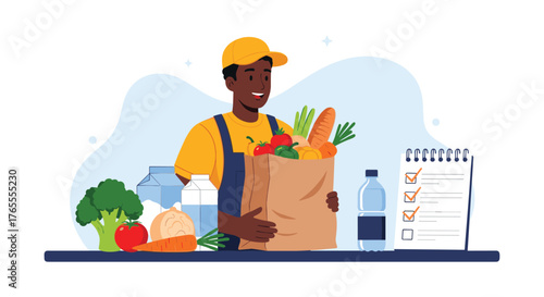 Grocery delivery service person holding a bag of fresh food.