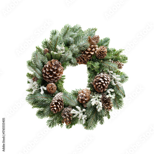 Beautiful winter wreath features lush greenery and decorated pinecones on a transparent background, cut out