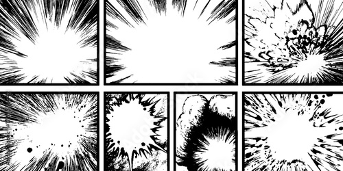 Dynamic black and white anime manga explosion effects for cartoon design
