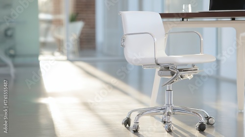 administrative. Modern office space featuring a clean desk and chair in a contemporary professional setting. real-estate listings.