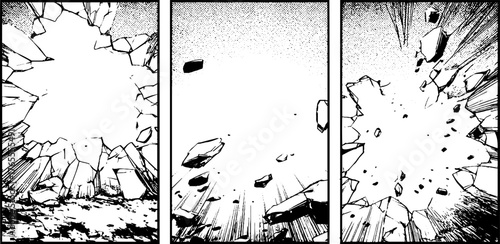 Dynamic black and white manga illustration of shattered glass impact