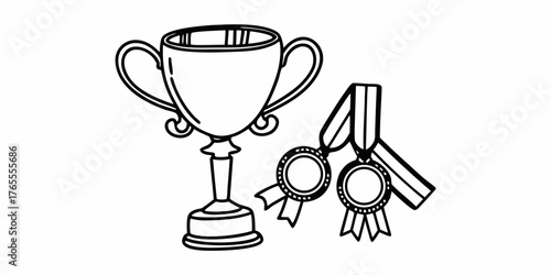 Illustration of a trophy cup with two medals hanging beside it in a black and white outline style