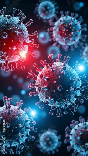Dynamic 3D animation of Coronavirus spreading rapidly in a vibrant environment, a compelling medical visualization