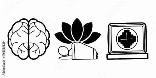 Illustration showing brain lotus flower person meditating and medical symbol in black and white line art