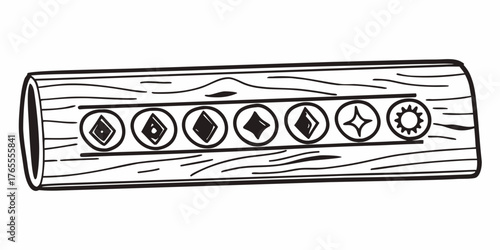 Illustration of a wooden log with seven circular symbols carved along a horizontal line design