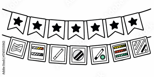 Festive banner with star pendants and square flags featuring diverse symbolic representations hanging up
