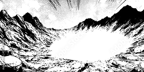 Dramatic black and white anime manga illustration of crater impact scene