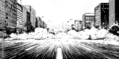 Dynamic black and white anime manga scene of urban dust explosion