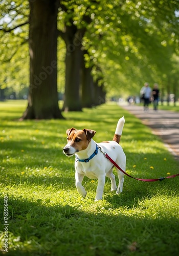 Jack Russell Terrier on Leash in Park on Sunny Day.