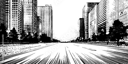 Black and white anime manga illustration of an empty street scene with skyscrapers
