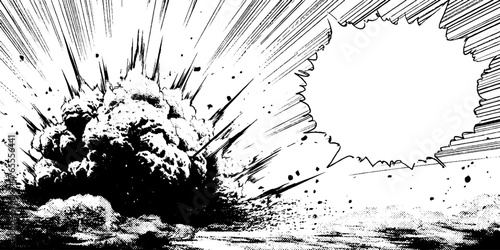 Dynamic black and white anime explosion scene for comic design