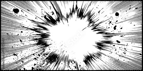 Dynamic explosion effect in black and white manga style for comic layouts