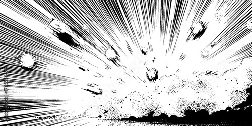 Dynamic black and white anime explosion with falling debris for manga design