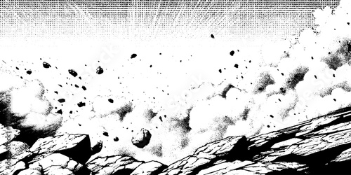 Dynamic black and white anime manga scene with dramatic flying debris for creative design