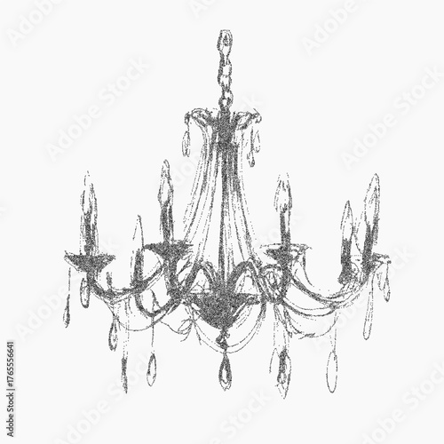 Crystal chandelier with candles. Simple form with scattered grit, worn grain texture, and ink threshold noise. Dust and scratches across the retro paper surface.