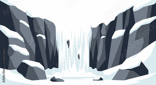 Flat vector illustration of a frozen waterfall cascading between snow-covered cliffs and icy rocks in winter.