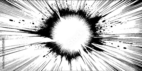 Dynamic black and white manga illustration with glowing core and explosive energy effect