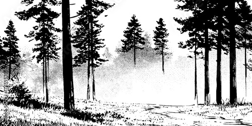 Black and white ink wash forest in manga style for comic layout design