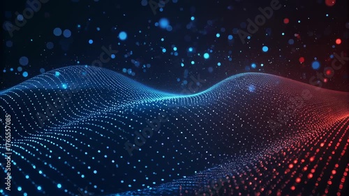 Abstract digital wave particle grid blue and red glowing landscape with futuristic dynamic motion and vibrant energy conveying bokeh lights