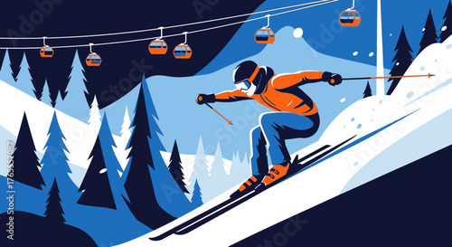 Skier in Action on Snowy Mountain Slope with Gondola Lift