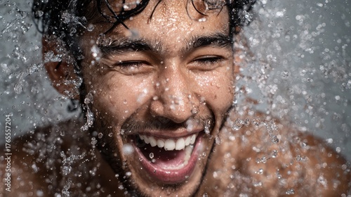 Happy man showering, with fresh water splashing over his face. He is smiling and laughing