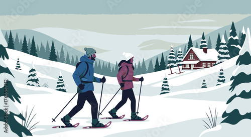 Two people snowshoeing through a snowy winter landscape with a cabin