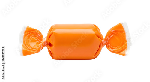 A single shiny orange candy wrapped in twisted paper with white ends isolated on transparent background