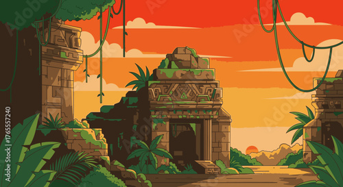 Vector illustration of ancient temple ruins overgrown with jungle vines and moss at sunset.