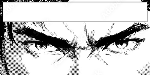 Intense gaze in black and white manga panel illustration for comic design