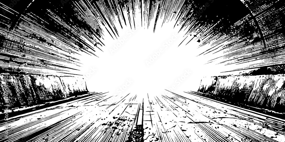 Obraz premium Dramatic perspective tunnel in black and white anime manga style