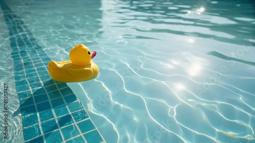 Yellow rubber duck floating on clear blue pool water with sunlit ripples and sunlight reflection with tiled edge playful summer mood
