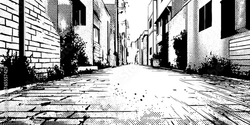 Black and white manga illustration of a shadowed alley scene for comic art