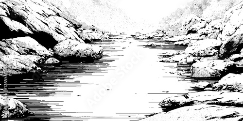 Black and white anime manga river reflection scene for design and print