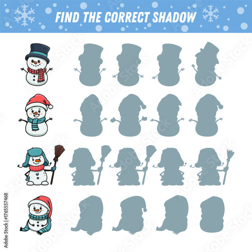 Find correct shadow of cartoon snowman. Educational logical game for kids. Christmas game. Vector illustration