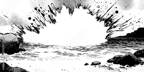 Dynamic black and white anime styled sea surf illustration for creative design