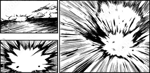 Dynamic comic storyboard with impact flashes for manga and anime design
