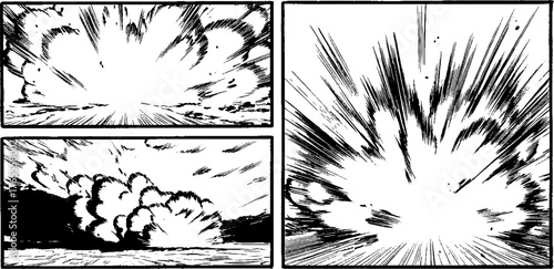 Dynamic blast sequence in black and white comic storyboard art