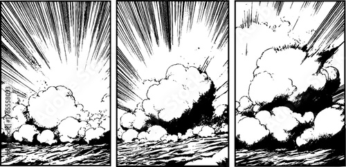 Dynamic explosion scene in japanese manga style for comic layout design