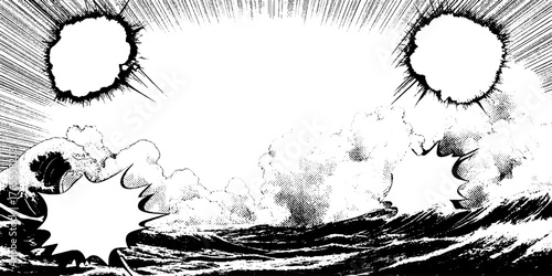Dynamic ocean waves in black and white manga style with explosive effects for magazine design
