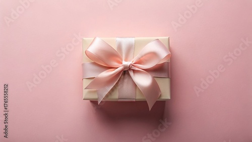 Wallpaper Mural A delicately tied pale pink satin ribbon adorns a beige gift box, resting on a soft blush pink background, conveying elegance and a sense of thoughtful presentation. Torontodigital.ca