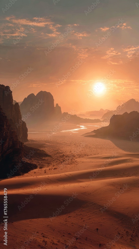Fototapeta premium A stunning sunset over a desert landscape, with rolling dunes and rugged mountains silhouetted against the colorful sky.