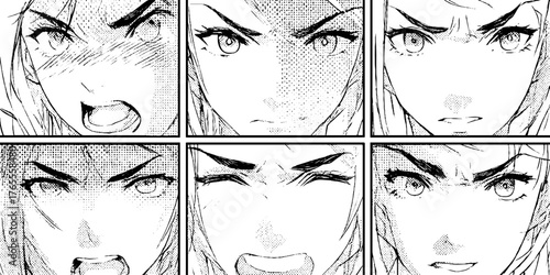 Emotional expressions in black and white manga frames for comic design