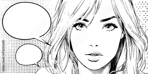 Expressive manga character with speech bubbles in black and white halftone comic design