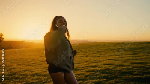 A woman dancing happily on a grassy hilltop as the sun sets, illuminating the sky with warm colors. The tranquil scene shows the beauty of nature as she enjoys the evening