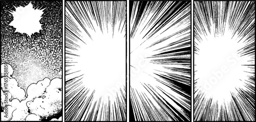 Dynamic black and white manga page layout with explosive action panels for comics