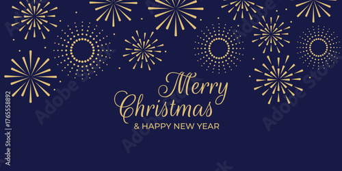 Merry Christmas and Happy New Year greeting card with golden fireworks on a dark blue background. New Year's background.